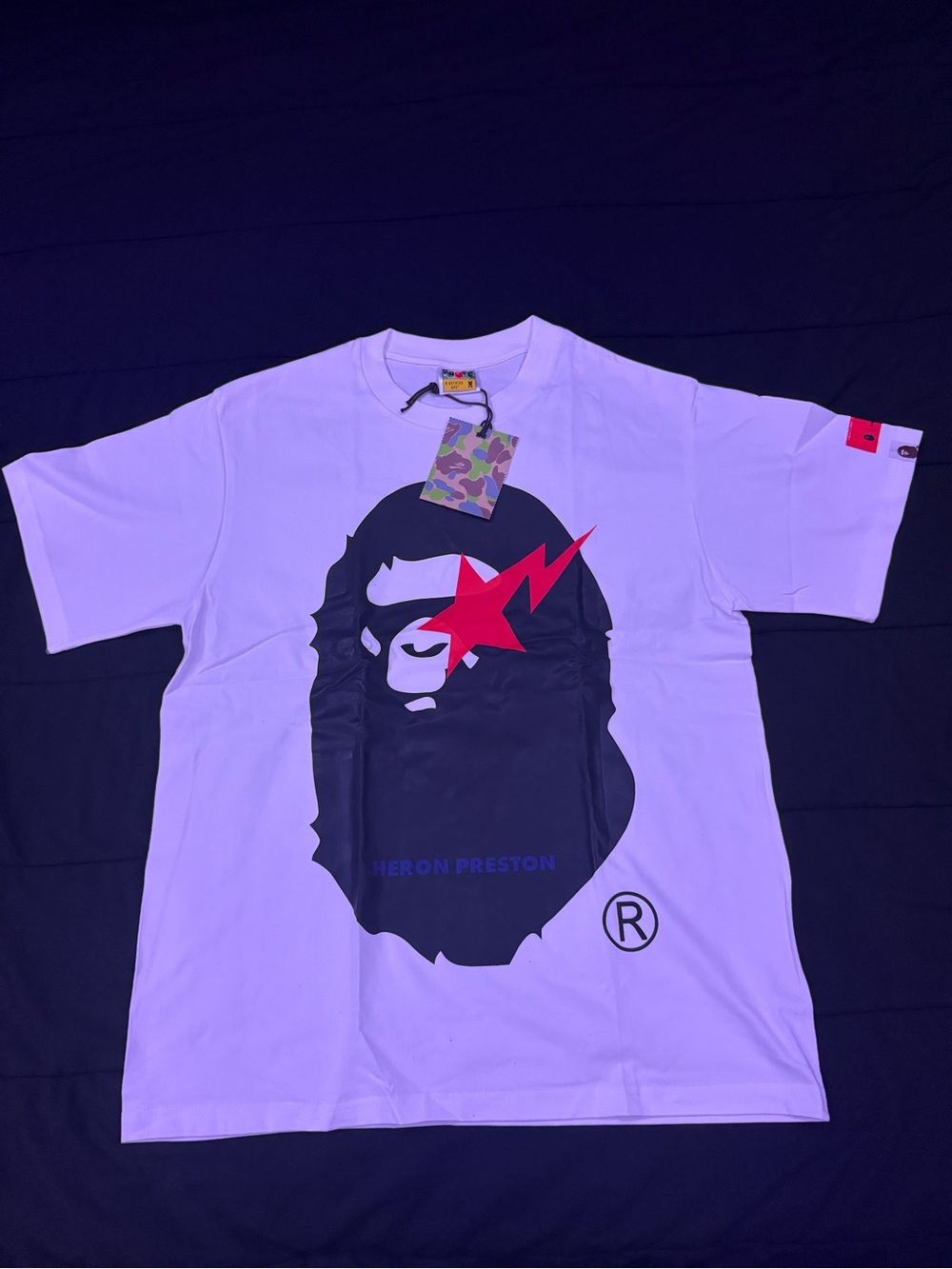Heron Preston White Short-Sleeve Graphic Tee with Black Ape Motif and Red Star